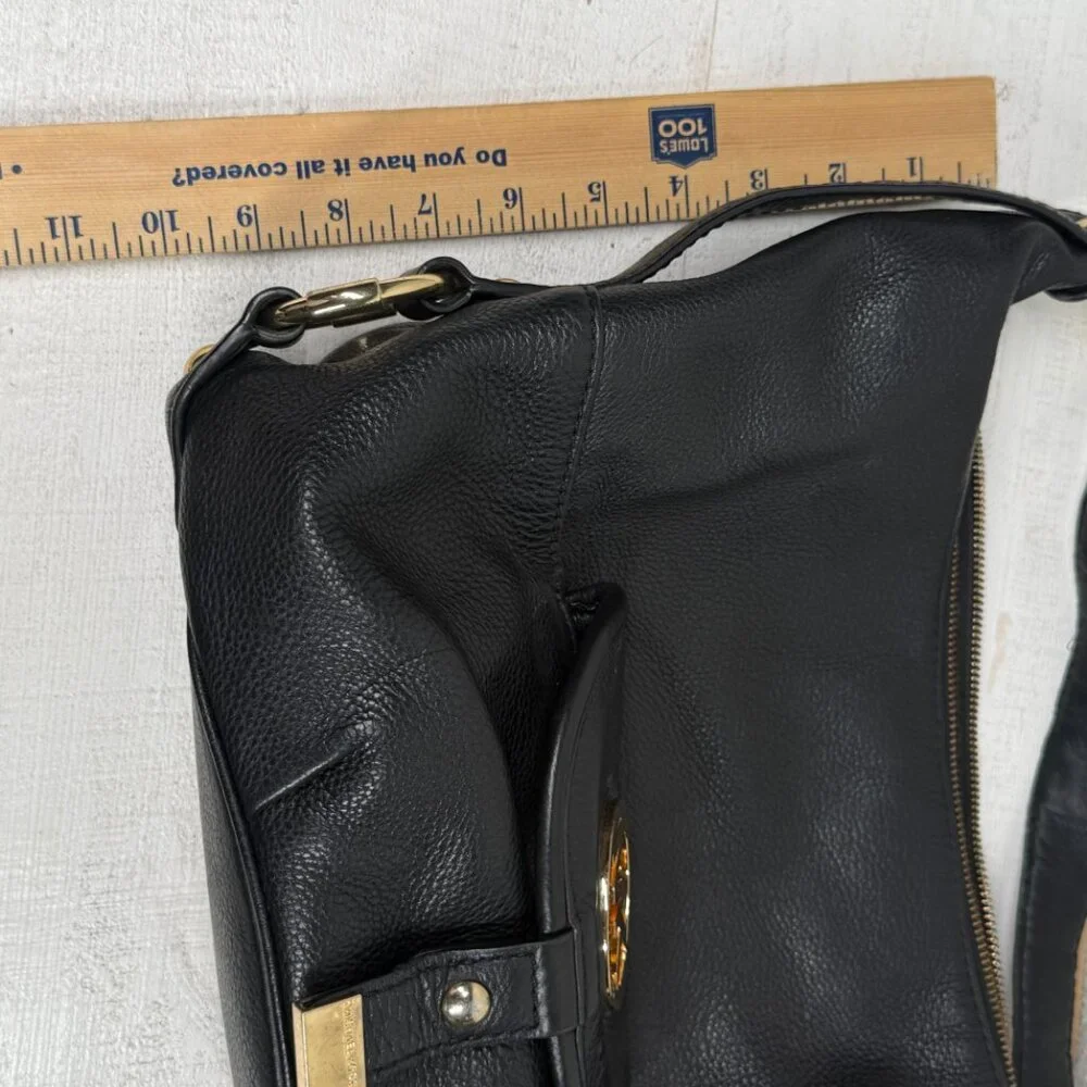 Michael Kors Black Leather Hobo Shoulder Bag Gold MK Logo Zip Top Medium